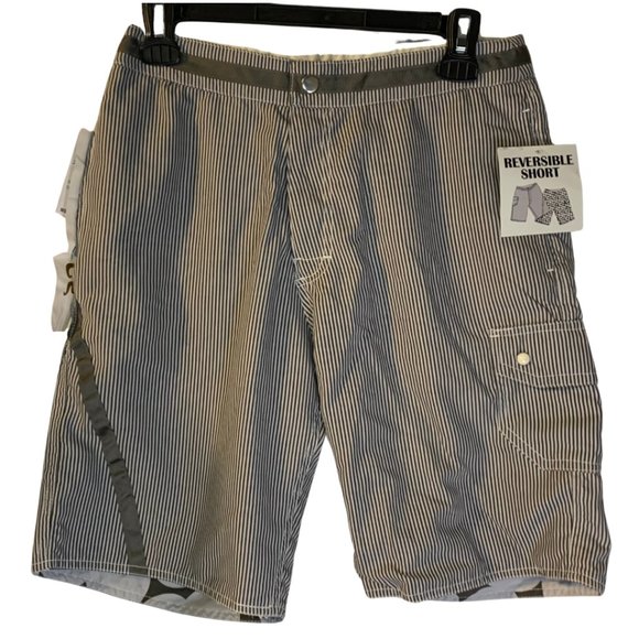 Twice Men's Y2K Reversible Shorts Size 28 NEW Gray Stripes Polka Dots 11" Inseam - Picture 1 of 10